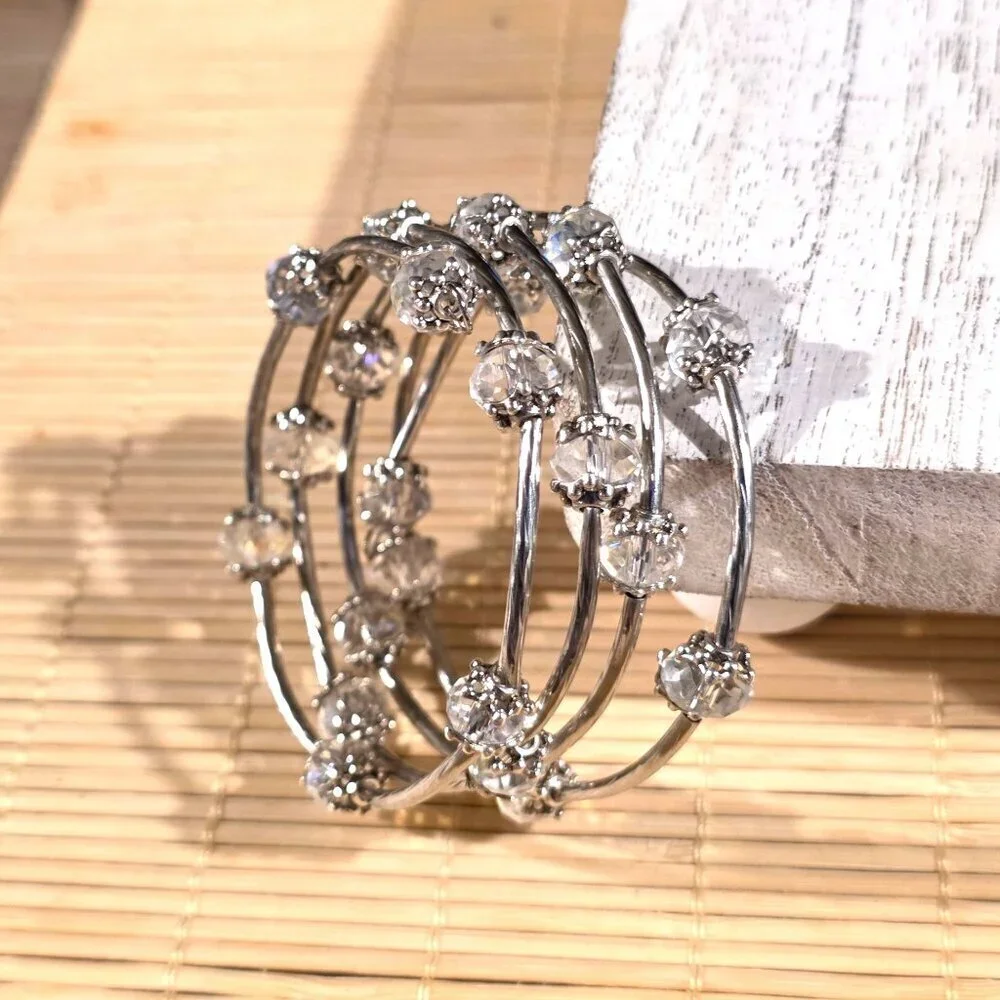Silver Tone Crystal Wrap Bracelet With Clear Faceted Beads & Filigree Details